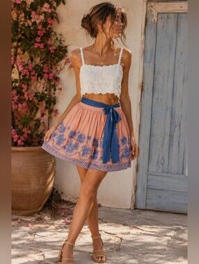 Flying Tomato Peach Blie Embroidered Skirt